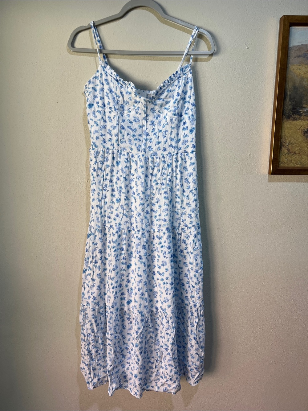 White Sundress with Light Blue Floral Print mid calf.